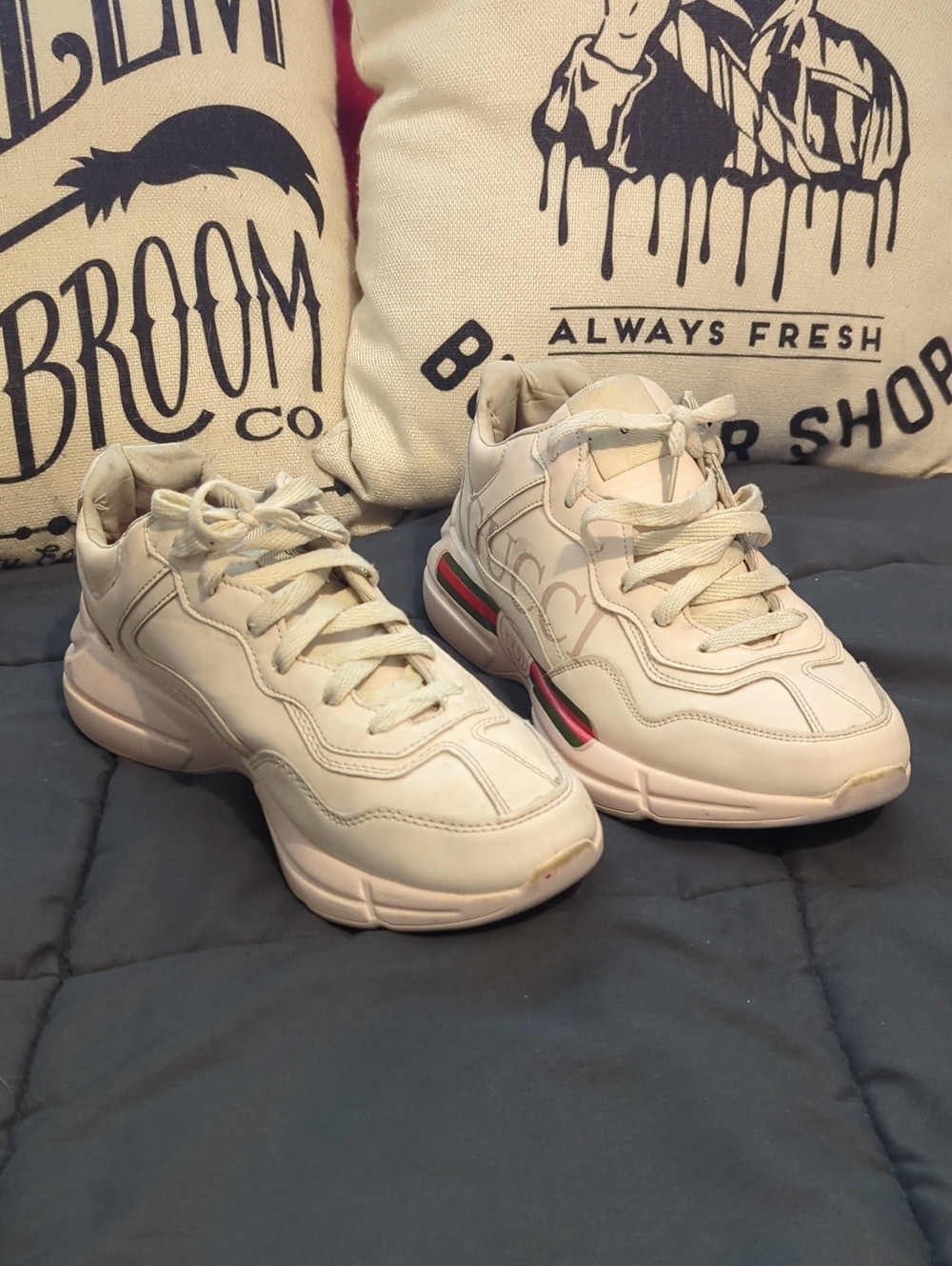 Gucci White Leather Chunky Sneakers with Red and Green Stripe